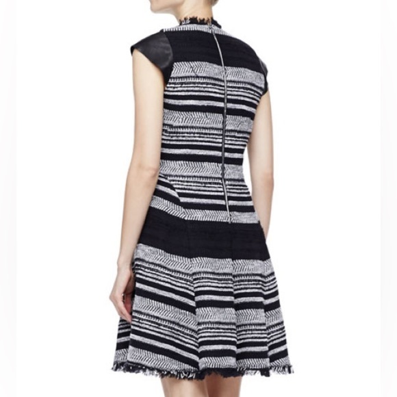Rebecca Taylor Black White Tweed stripe leather cap sleeve Midi flare Dress 6 - Picture 12 of 13